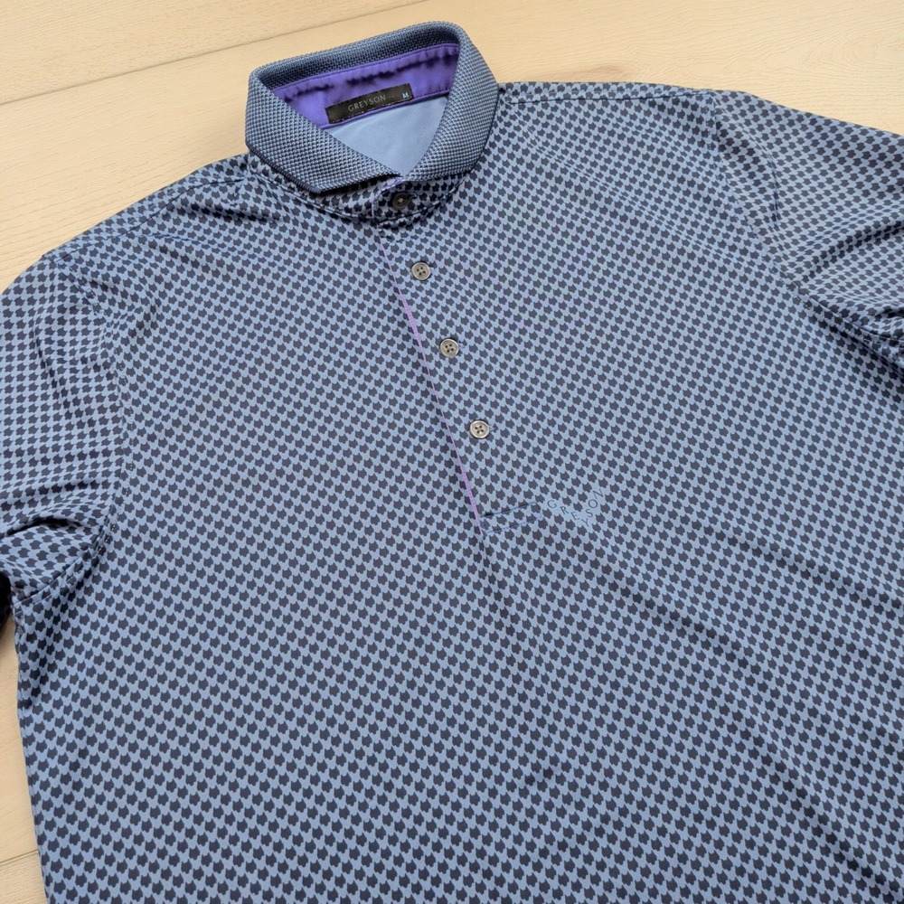 Greyson Mens Blue Purple Geometric Print Golf Polo Shirt Size Medium